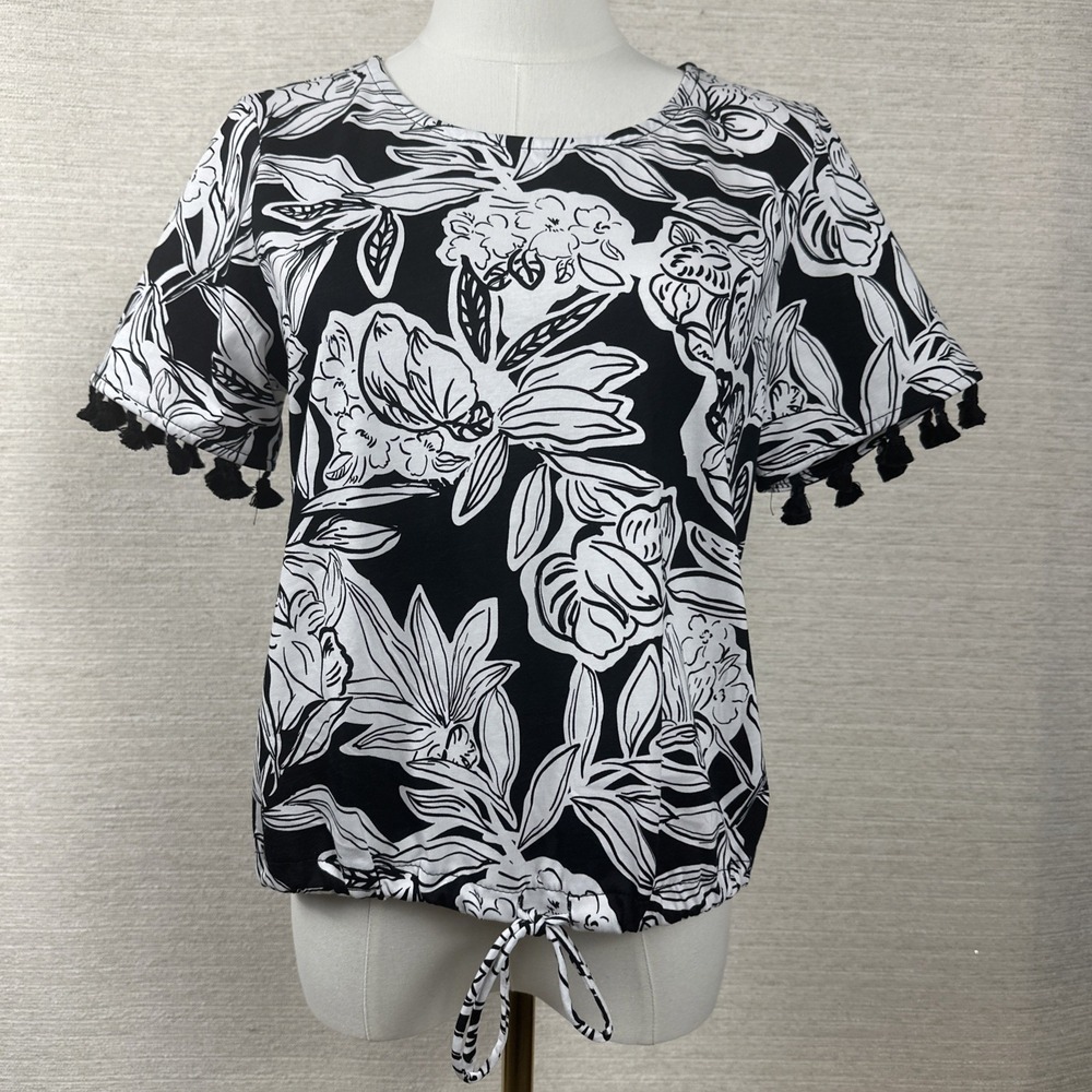 Marc New York Tropical Floral Tassel Top Coastal Boho Tie Front Blouse Small
